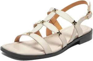 Womens Buckle Strap Ankle Strap Flat Heel Open Side Vamp Ankle Strap Sandals Genuine Leather Silver Thin Summer Sandals