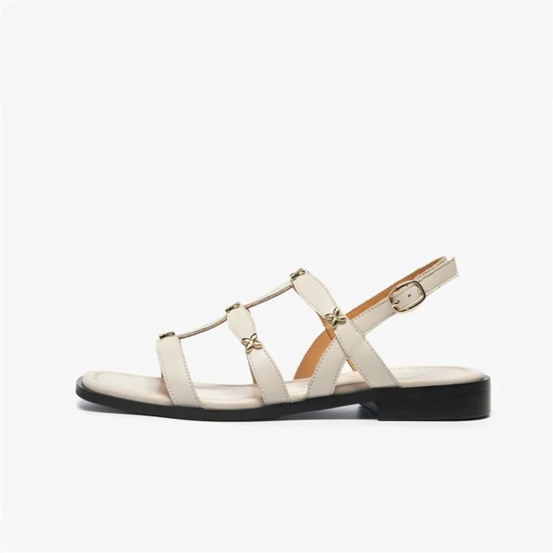 Womens Buckle Strap Ankle Strap Flat Heel Open Side Vamp Ankle Strap Sandals Genuine Leather Silver Thin Summer Sandals