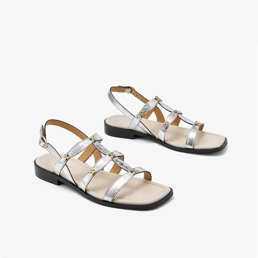 Womens Buckle Strap Ankle Strap Flat Heel Open Side Vamp Ankle Strap Sandals Genuine Leather Silver Thin Summer Sandals
