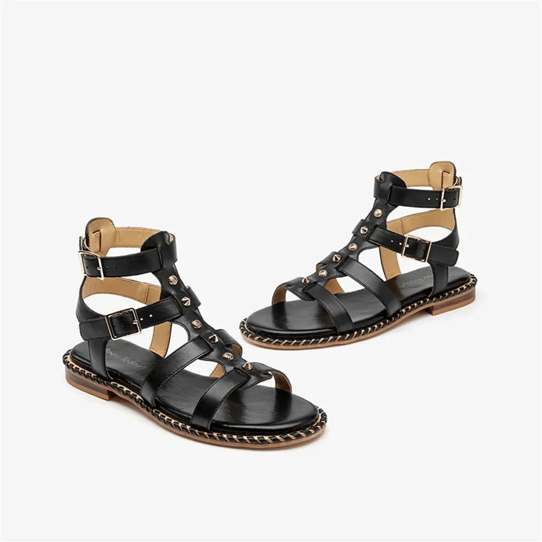 Womens Buckle Strap Ankle Strap Flat Heel Open Side Vamp Gladiator Sandals Calfskin Leather Double Buckle Metal Casual Summer Sandals