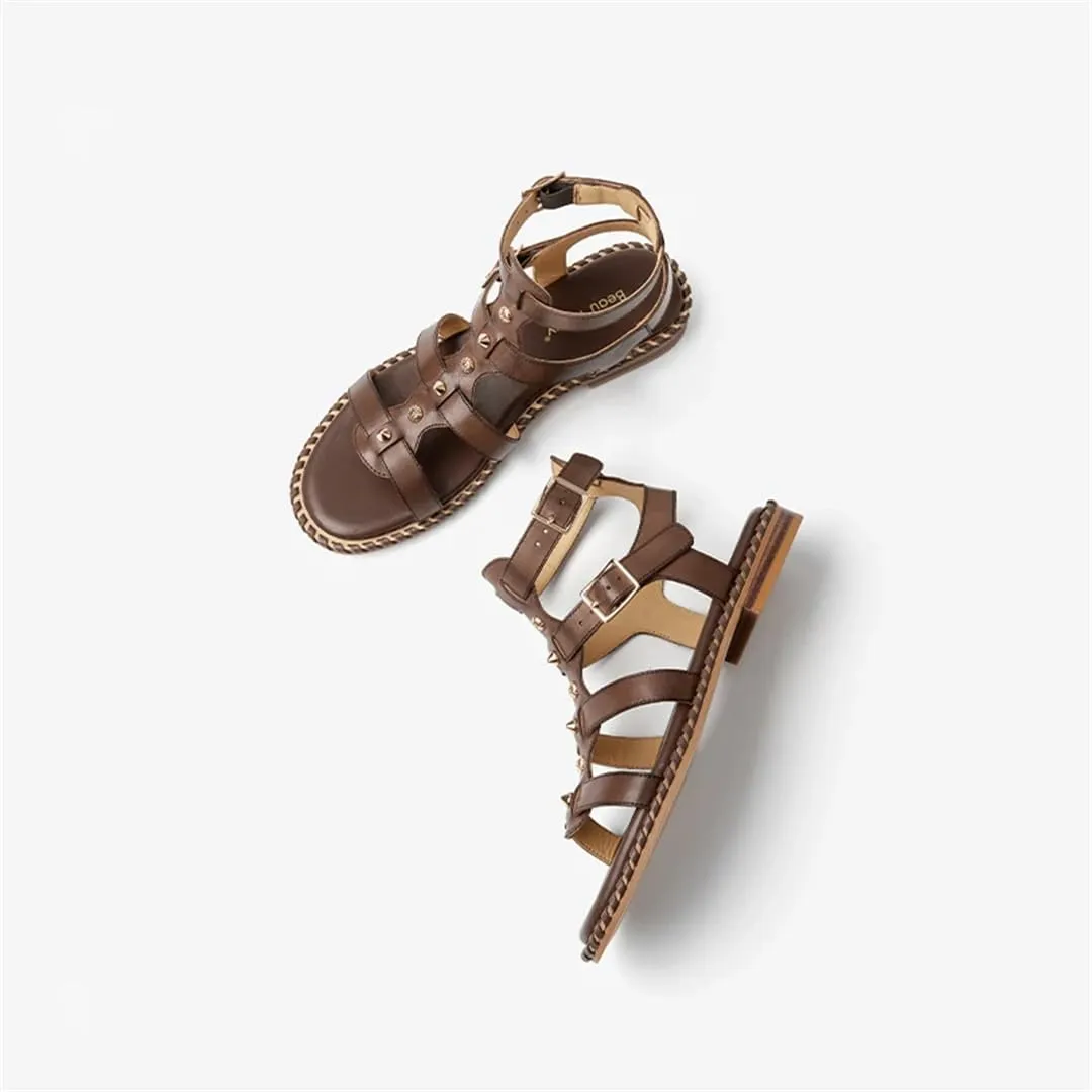 Womens Buckle Strap Ankle Strap Flat Heel Open Side Vamp Gladiator Sandals Calfskin Leather Double Buckle Metal Casual Summer Sandals