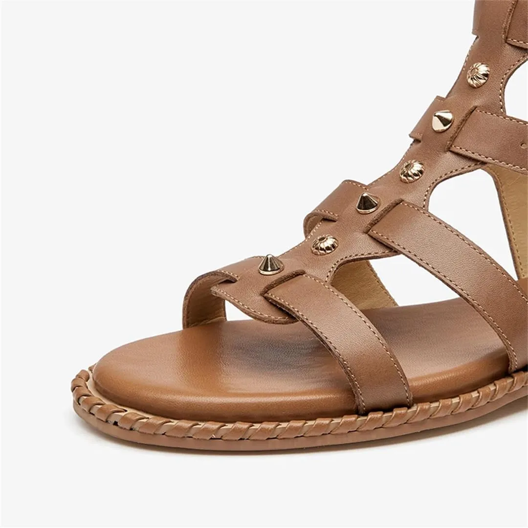 Womens Buckle Strap Ankle Strap Flat Heel Open Side Vamp Gladiator Sandals Calfskin Leather Double Buckle Metal Casual Summer Sandals
