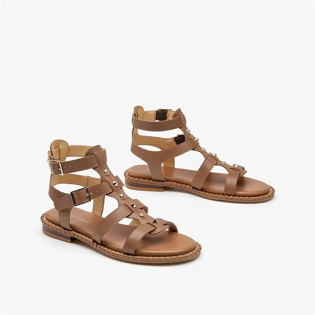 Womens Buckle Strap Ankle Strap Flat Heel Open Side Vamp Gladiator Sandals Calfskin Leather Double Buckle Metal Casual Summer Sandals