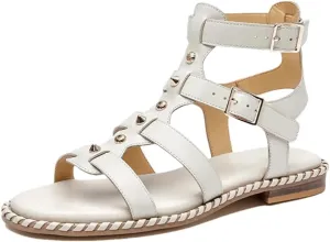 Womens Buckle Strap Ankle Strap Flat Heel Open Side Vamp Gladiator Sandals Calfskin Leather Double Buckle Metal Casual Summer Sandals