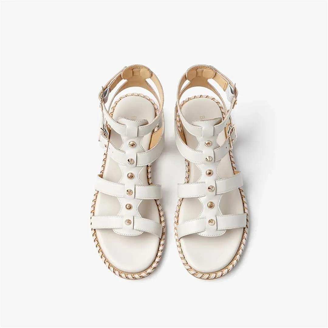 Womens Buckle Strap Ankle Strap Flat Heel Open Side Vamp Gladiator Sandals Calfskin Leather Double Buckle Metal Casual Summer Sandals