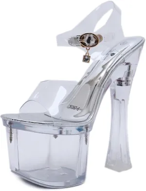 Women's Clear Platform High Heel 7 Inches Chunky Sandal Ankle-Strap