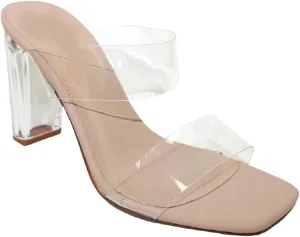 Women's Clear Two Strap Open Toe Block Chunky Slip on Heel Sandals