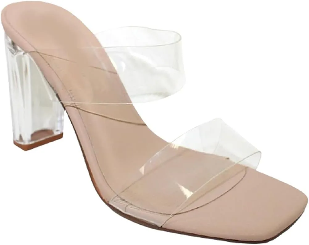 Women's Clear Two Strap Open Toe Block Chunky Slip on Heel Sandals