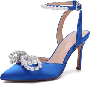 Women's Closed Toe High Heels Satin Wedding Pumps with Pearls Rhinestone Bow Ankle Strap Stiletto High Heel Sandals