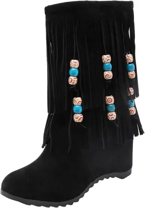 Women's Colors Beads Tassel Suede Boots Fashion Vintage Round Toe Snow Boots Side Zipper Mid Calf Wedge Heels Booties