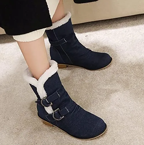 Womens Denim Flat Short Ankle Boots Chunky Low Heel Ankle Buckle Cute Short Boots