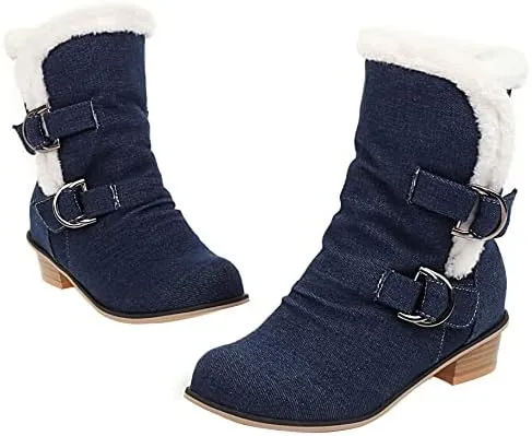 Womens Denim Flat Short Ankle Boots Chunky Low Heel Ankle Buckle Cute Short Boots