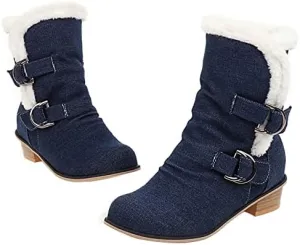 Womens Denim Flat Short Ankle Boots Chunky Low Heel Ankle Buckle Cute Short Boots
