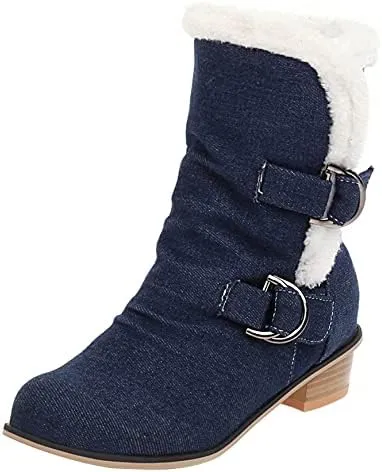 Womens Denim Flat Short Ankle Boots Chunky Low Heel Ankle Buckle Cute Short Boots