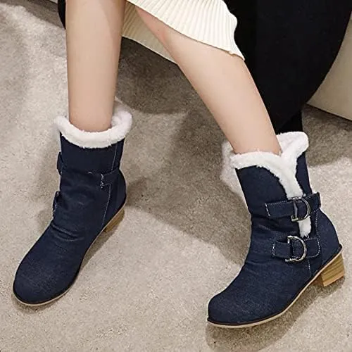 Womens Denim Flat Short Ankle Boots Chunky Low Heel Ankle Buckle Cute Short Boots