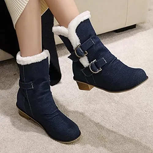 Womens Denim Flat Short Ankle Boots Chunky Low Heel Ankle Buckle Cute Short Boots