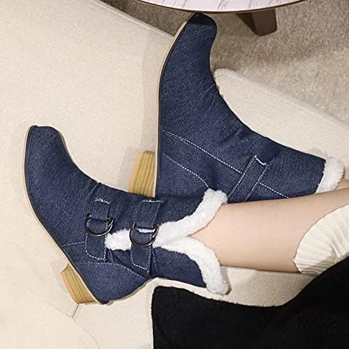 Womens Denim Flat Short Ankle Boots Chunky Low Heel Ankle Buckle Cute Short Boots
