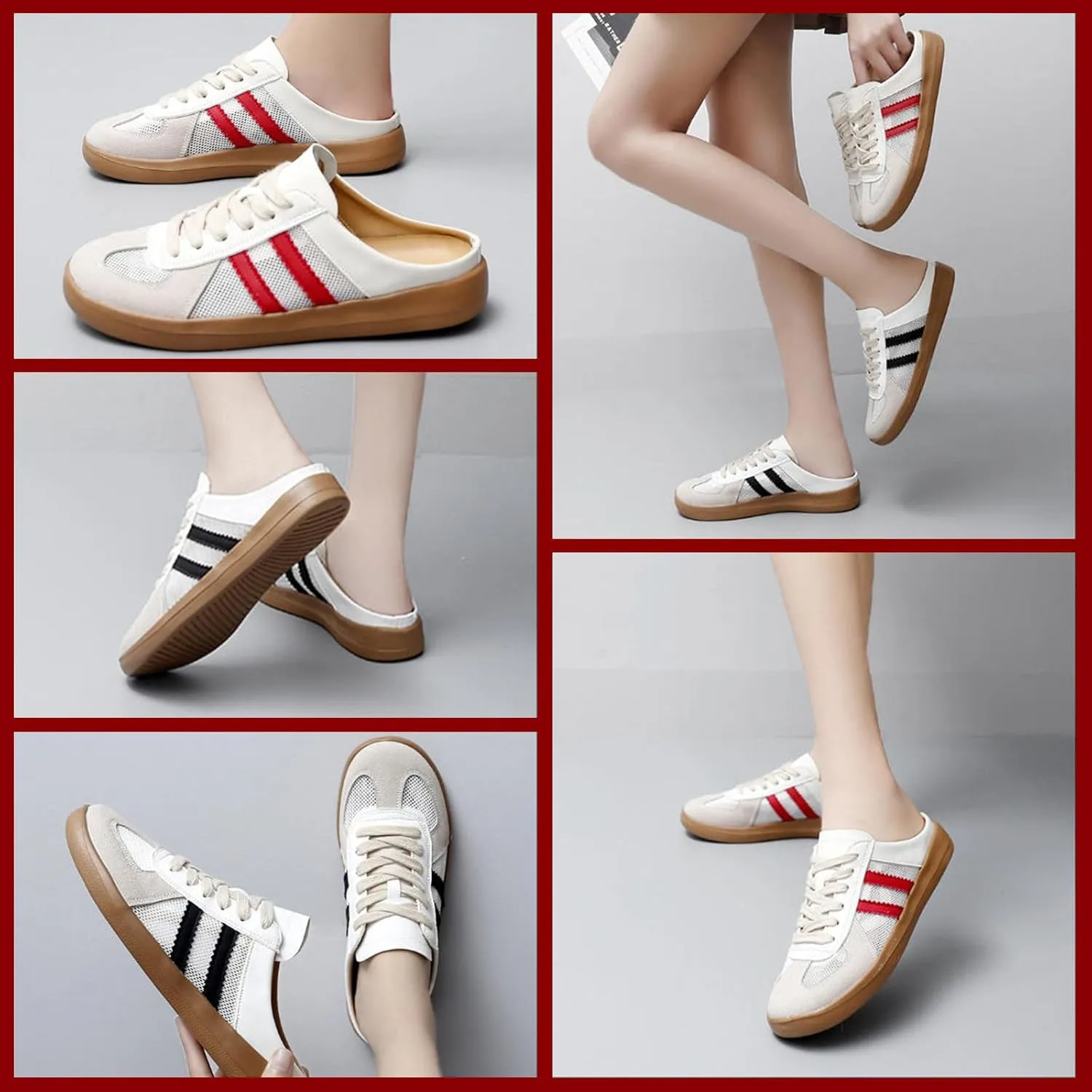 Women’s Fashion Mesh Walking Shoes Breathable Contrast Lace-Up or Slip-On Sneakers, Comfortable Backless Casual Sports Shoes with Round Toe for Everyday Wear