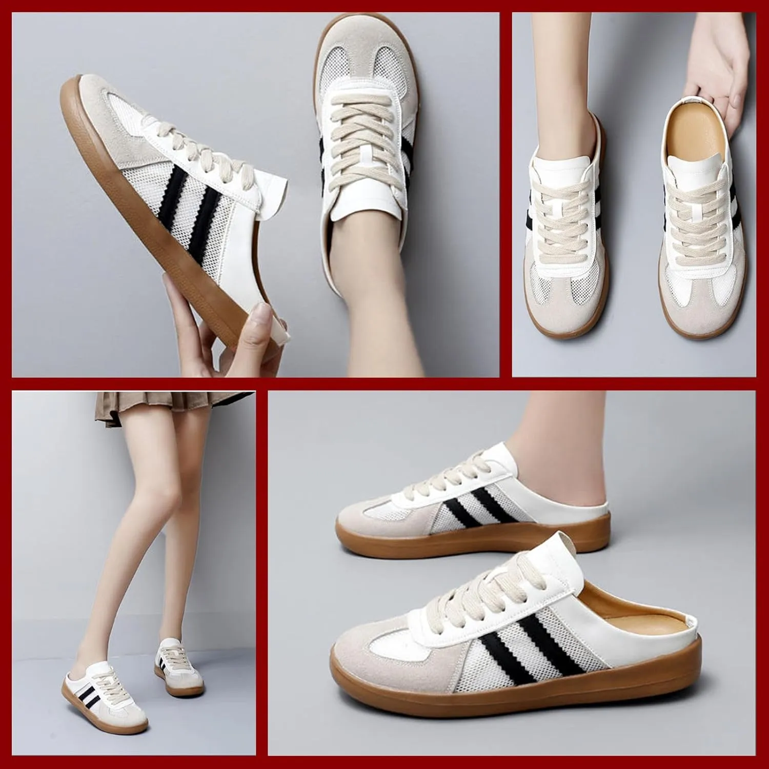 Women’s Fashion Mesh Walking Shoes Breathable Contrast Lace-Up or Slip-On Sneakers, Comfortable Backless Casual Sports Shoes with Round Toe for Everyday Wear