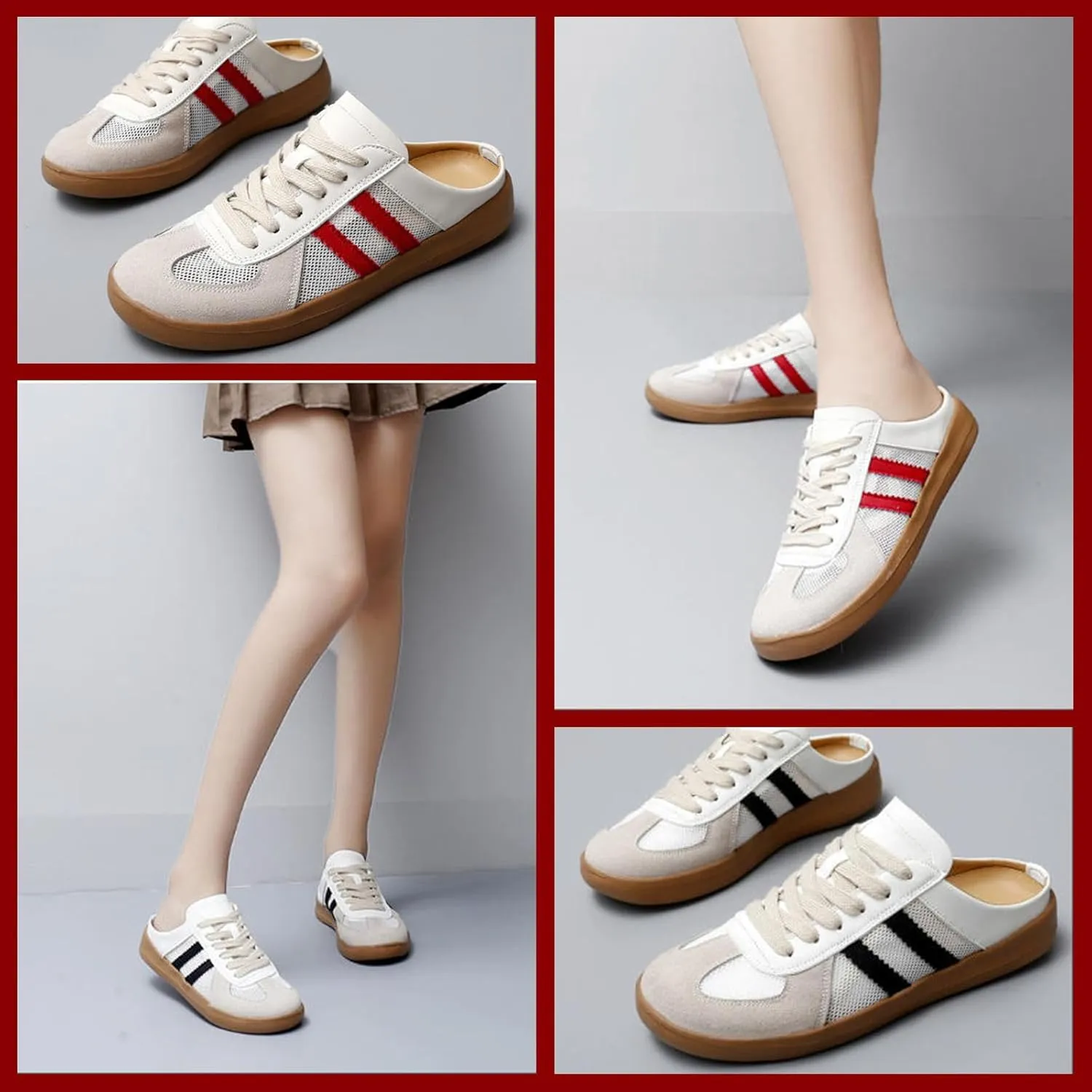 Women’s Fashion Mesh Walking Shoes Breathable Contrast Lace-Up or Slip-On Sneakers, Comfortable Backless Casual Sports Shoes with Round Toe for Everyday Wear