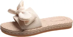 Women's Fashion Slide Sandal Ladies Fashion Solid Color Cloth Bow Decoration Straw Woven Flat Open Toe Slippers