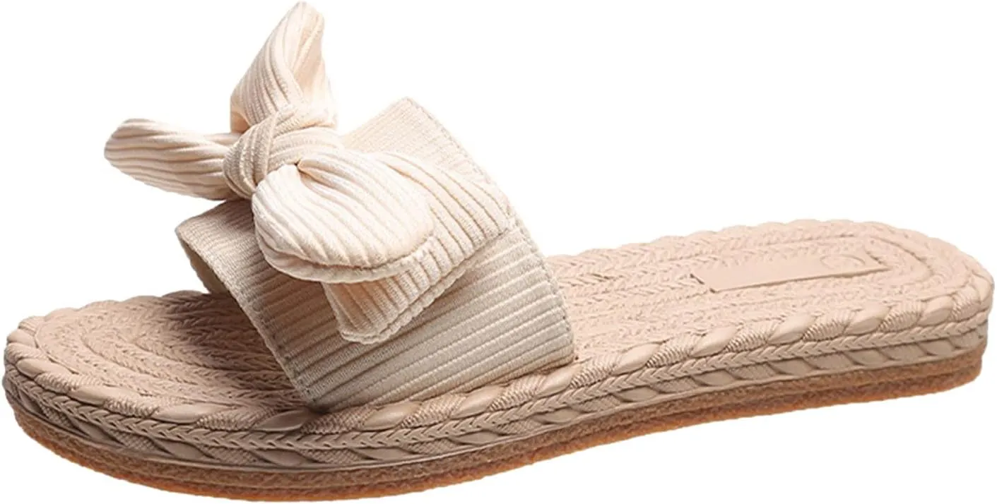 Women's Fashion Slide Sandal Ladies Fashion Solid Color Cloth Bow Decoration Straw Woven Flat Open Toe Slippers