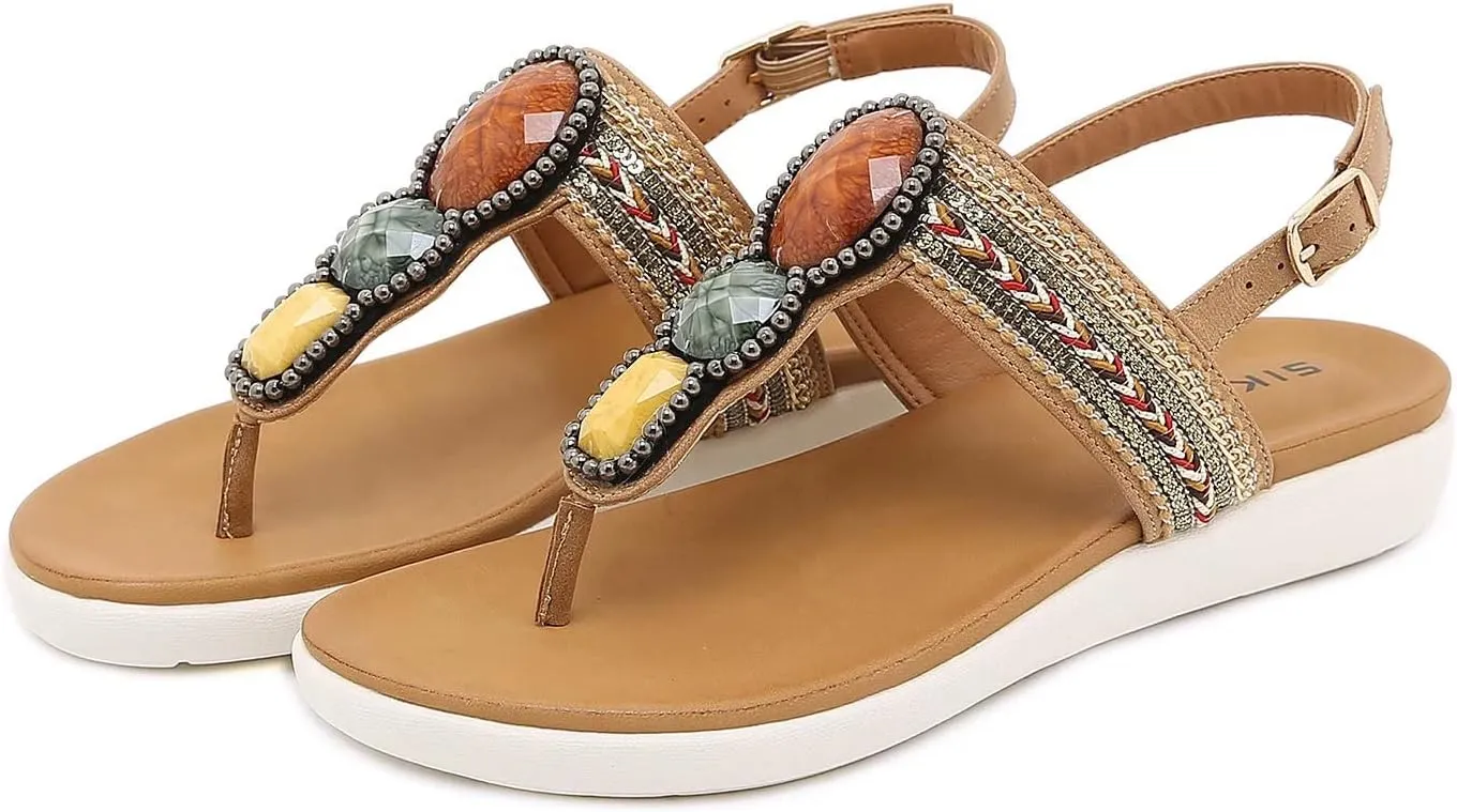 Women's Flat Sandals Summer Bohemia Elastic Ankle T-Strap Thong Flip Flops Casual Comfortable Beach Sandal Shoes