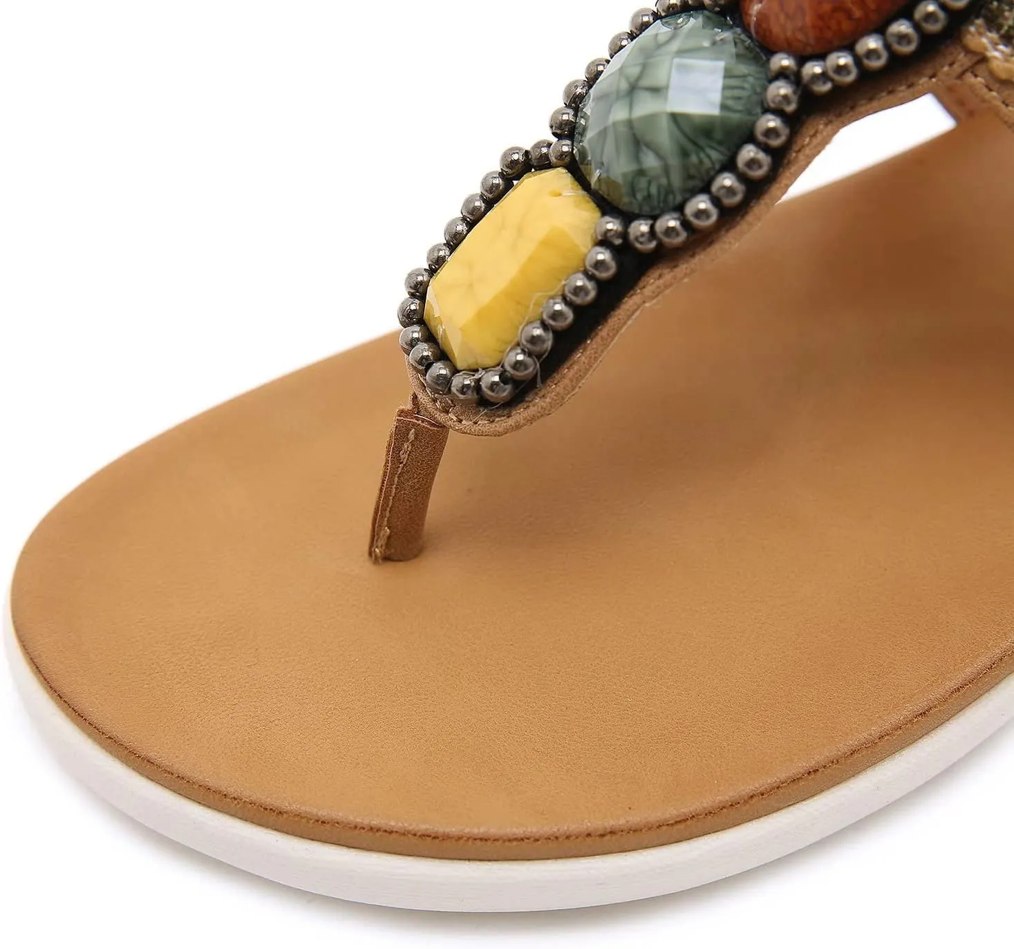 Women's Flat Sandals Summer Bohemia Elastic Ankle T-Strap Thong Flip Flops Casual Comfortable Beach Sandal Shoes