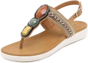 Women's Flat Sandals Summer Bohemia Elastic Ankle T-Strap Thong Flip Flops Casual Comfortable Beach Sandal Shoes