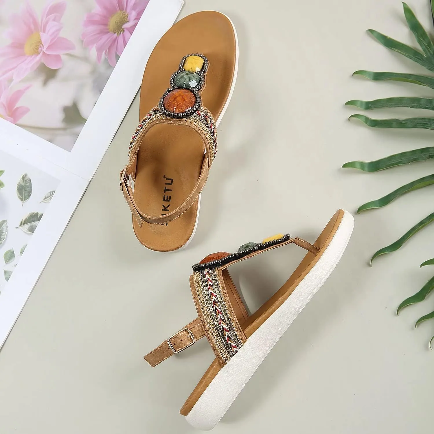 Women's Flat Sandals Summer Bohemia Elastic Ankle T-Strap Thong Flip Flops Casual Comfortable Beach Sandal Shoes