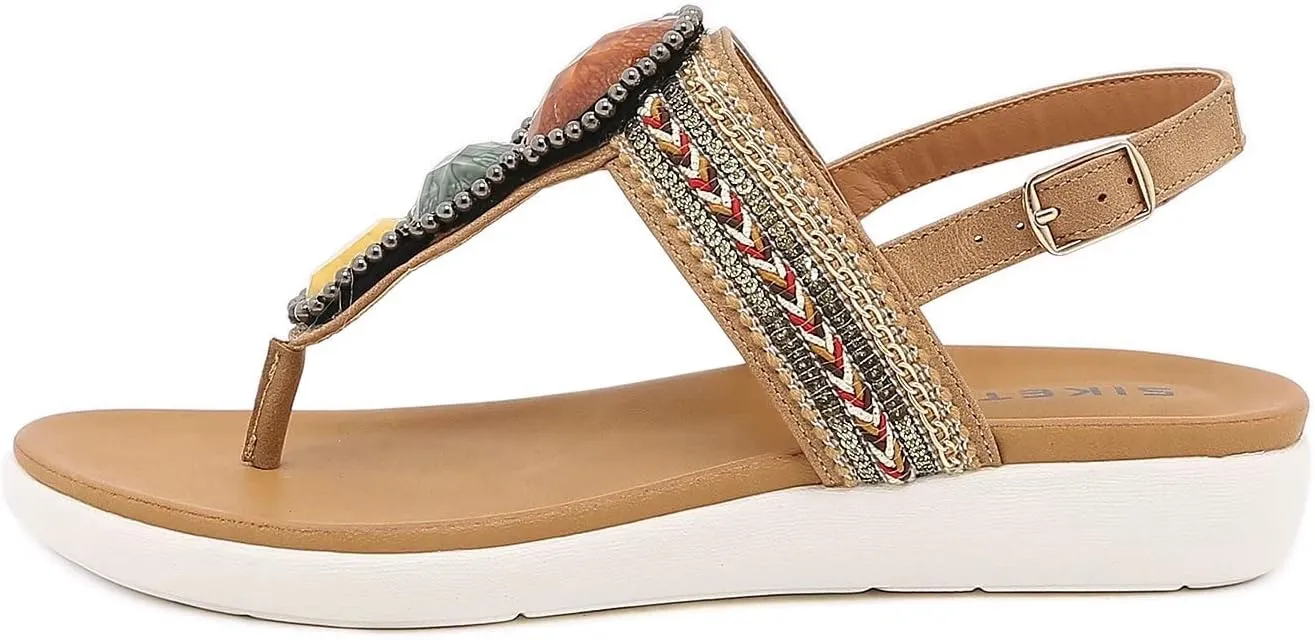 Women's Flat Sandals Summer Bohemia Elastic Ankle T-Strap Thong Flip Flops Casual Comfortable Beach Sandal Shoes