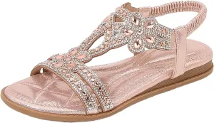 Women's Flat Sandals with Arch Support – Elastic Ankle Strap Summer Beach Shoes, Orthopedic Cushion Non-Slip Sole Comfort Walking Boho Flat Sandal