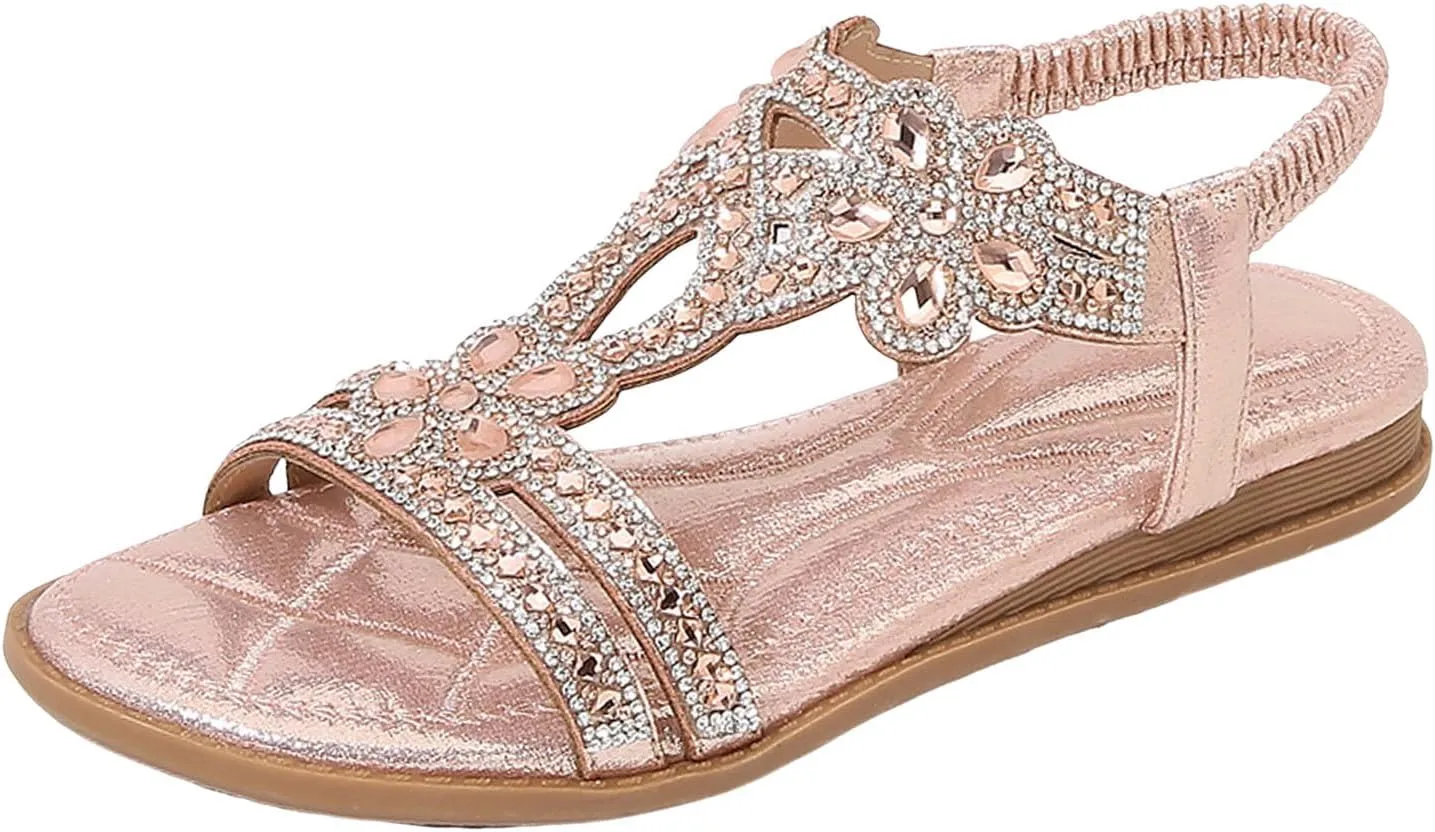 Women's Flat Sandals with Arch Support – Elastic Ankle Strap Summer Beach Shoes, Orthopedic Cushion Non-Slip Sole Comfort Walking Boho Flat Sandal