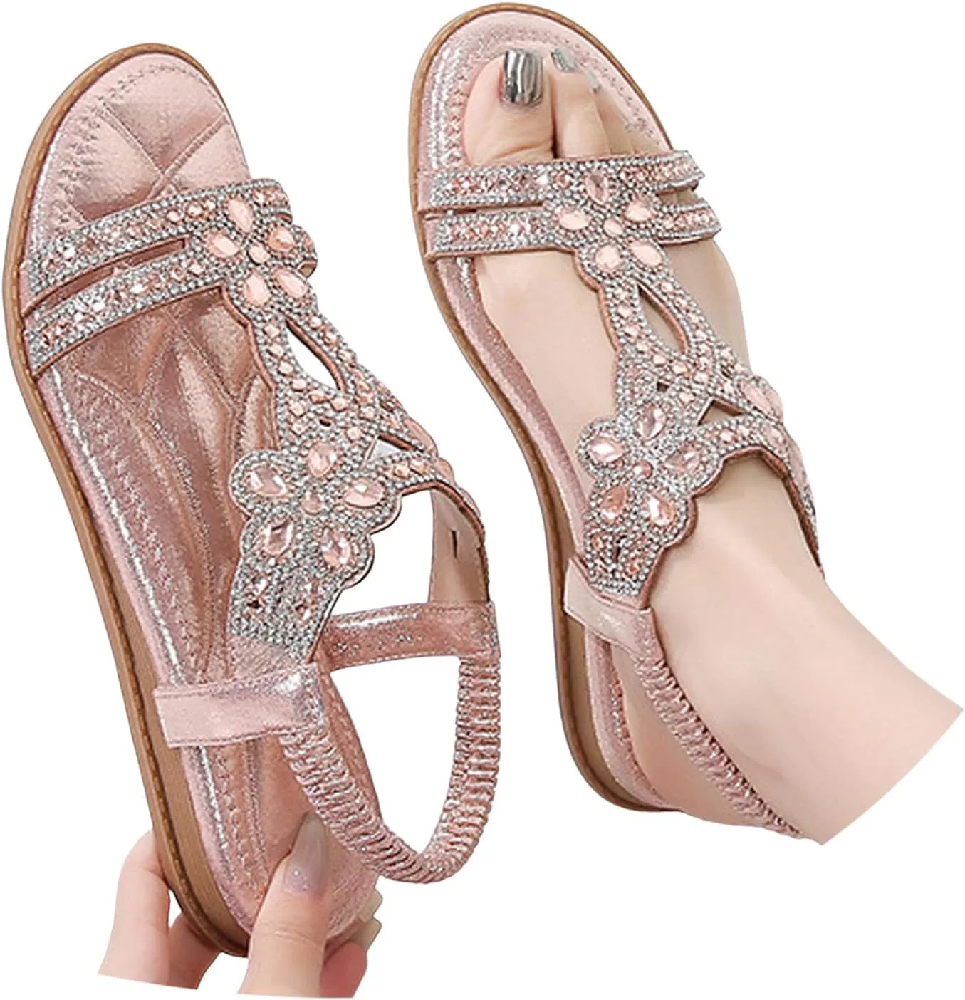 Women's Flat Sandals with Arch Support – Elastic Ankle Strap Summer Beach Shoes, Orthopedic Cushion Non-Slip Sole Comfort Walking Boho Flat Sandal