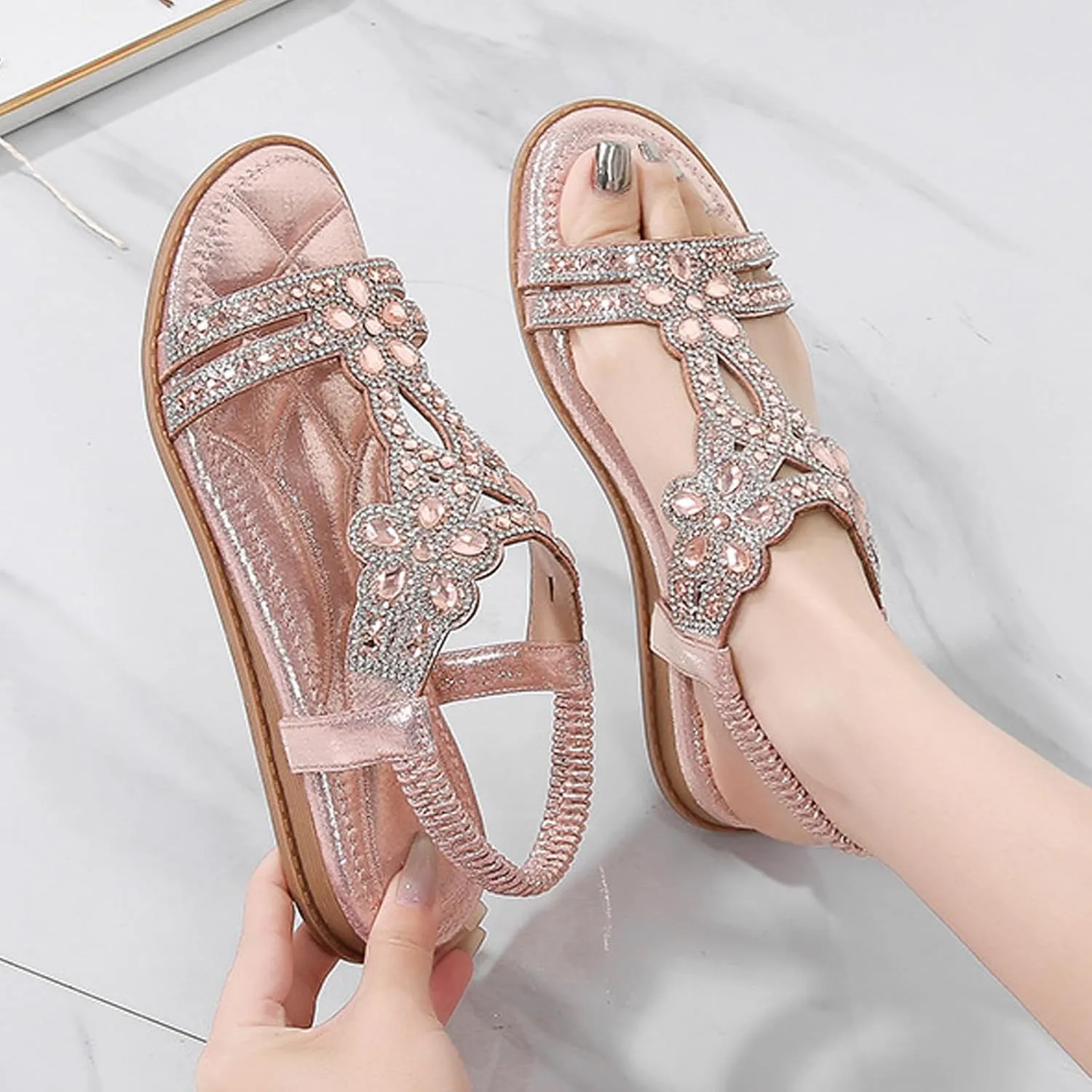 Women's Flat Sandals with Arch Support – Elastic Ankle Strap Summer Beach Shoes, Orthopedic Cushion Non-Slip Sole Comfort Walking Boho Flat Sandal