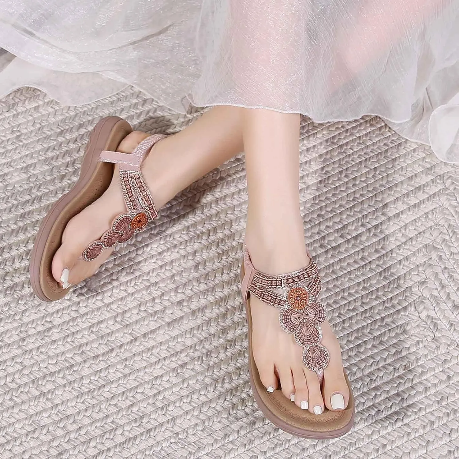 Women's Flat Thong Sandals Dressy 2025 Summer Bohemian Stappy Comfortable Ankle Elastic T-Strap Beach