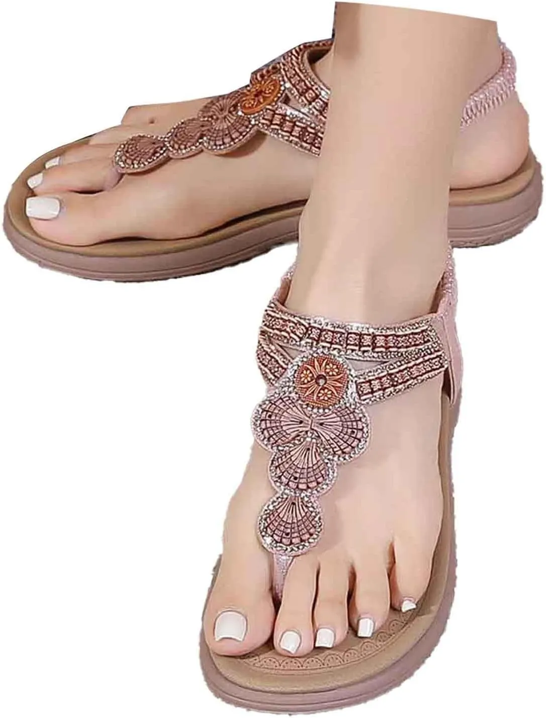 Women's Flat Thong Sandals Dressy 2025 Summer Bohemian Stappy Comfortable Ankle Elastic T-Strap Beach