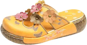Women's Floral Clogs with Butterfly Print, Purple Leather Slip-On Mules, Decorative Multi-Color Flower Accents