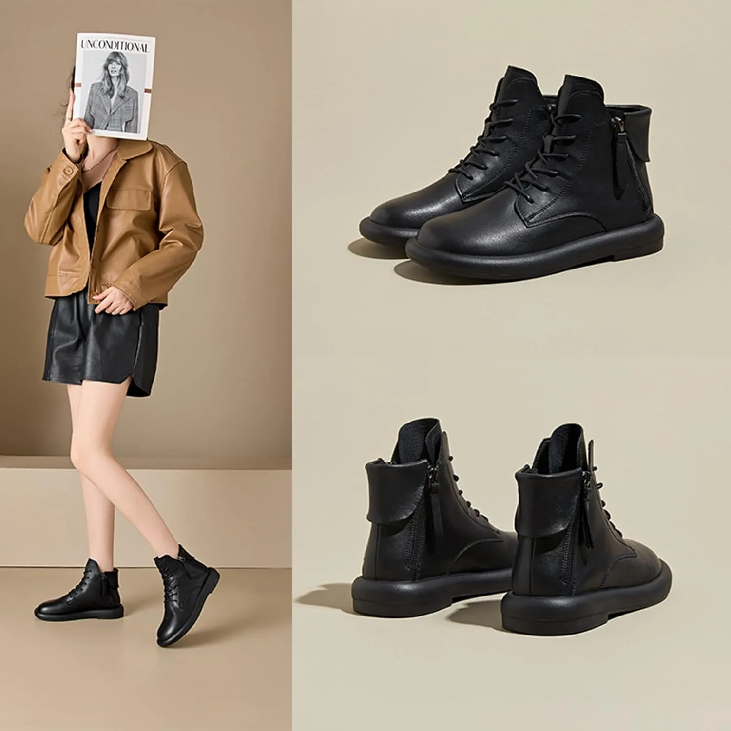 Women's Genuine Leather Flat Ankle Boots Retro Plush Lining Round Toe Lace Up Side Zipper Soft Sole Casual Booties Comfortable Lightweight Short Booties
