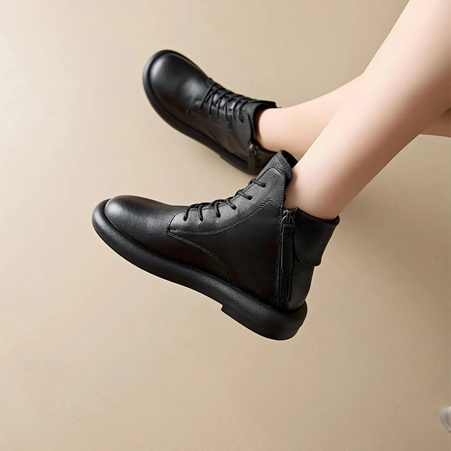 Women's Genuine Leather Flat Ankle Boots Retro Plush Lining Round Toe Lace Up Side Zipper Soft Sole Casual Booties Comfortable Lightweight Short Booties