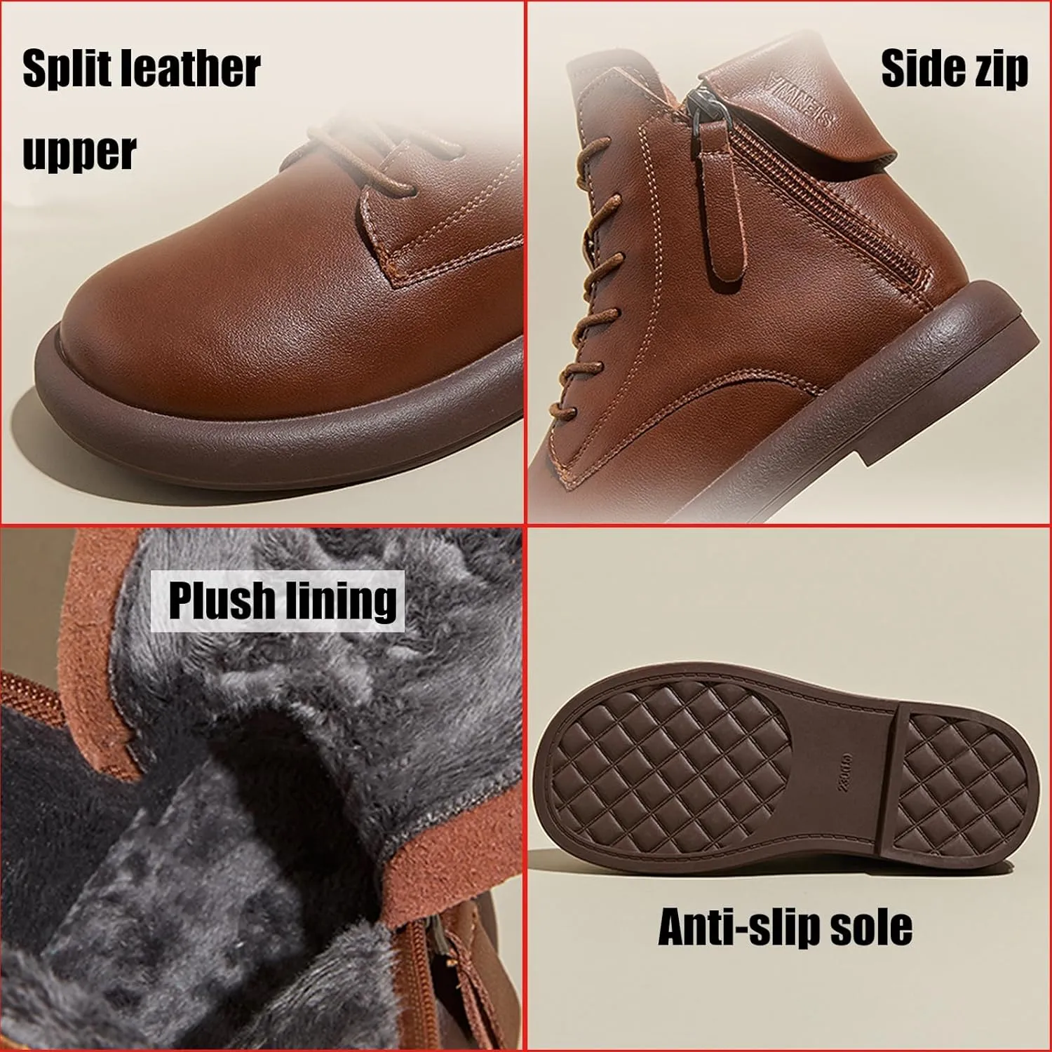 Women's Genuine Leather Flat Ankle Boots Retro Plush Lining Round Toe Lace Up Side Zipper Soft Sole Casual Booties Comfortable Lightweight Short Booties