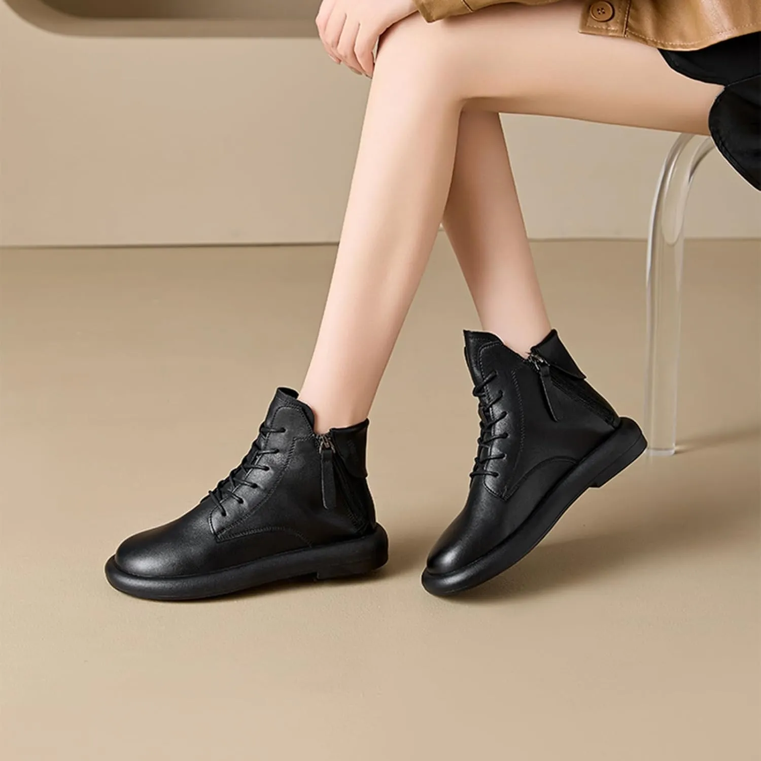 Women's Genuine Leather Flat Ankle Boots Retro Plush Lining Round Toe Lace Up Side Zipper Soft Sole Casual Booties Comfortable Lightweight Short Booties