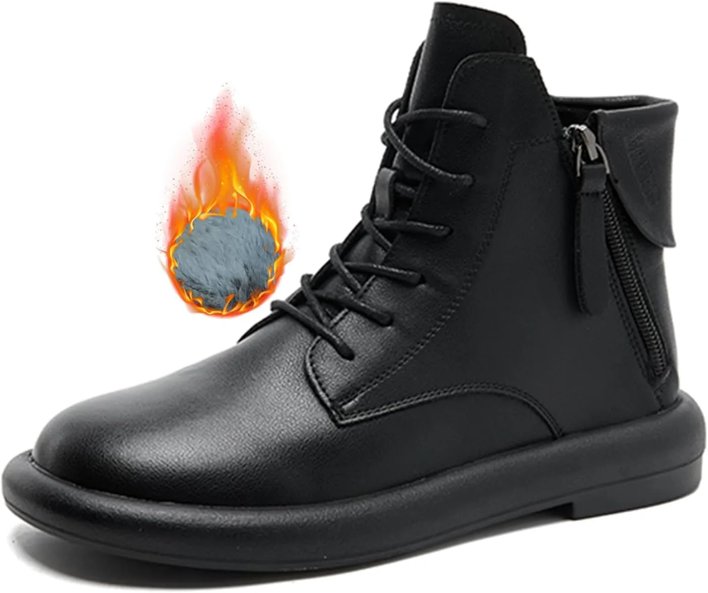 Women's Genuine Leather Flat Ankle Boots Retro Plush Lining Round Toe Lace Up Side Zipper Soft Sole Casual Booties Comfortable Lightweight Short Booties