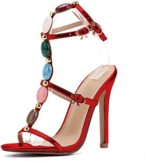 Women's Jeweled Ankle Strap Stiletto Heels Sandals Summer Open Toe Strappy Gladiator Heeled Sandals for Women
