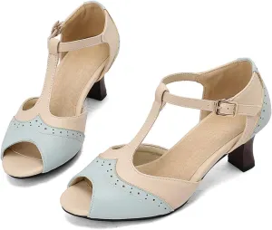 Women's Kitten Low Chunky Heel Open Peep Toe Sandals Vintage T Strap Adjustable Buckle Summer Patchwork Breathable Gladiator Roman Sandal Shoes