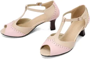 Women's Kitten Low Chunky Heel Open Peep Toe Sandals Vintage T Strap Adjustable Buckle Summer Patchwork Breathable Gladiator Roman Sandal Shoes