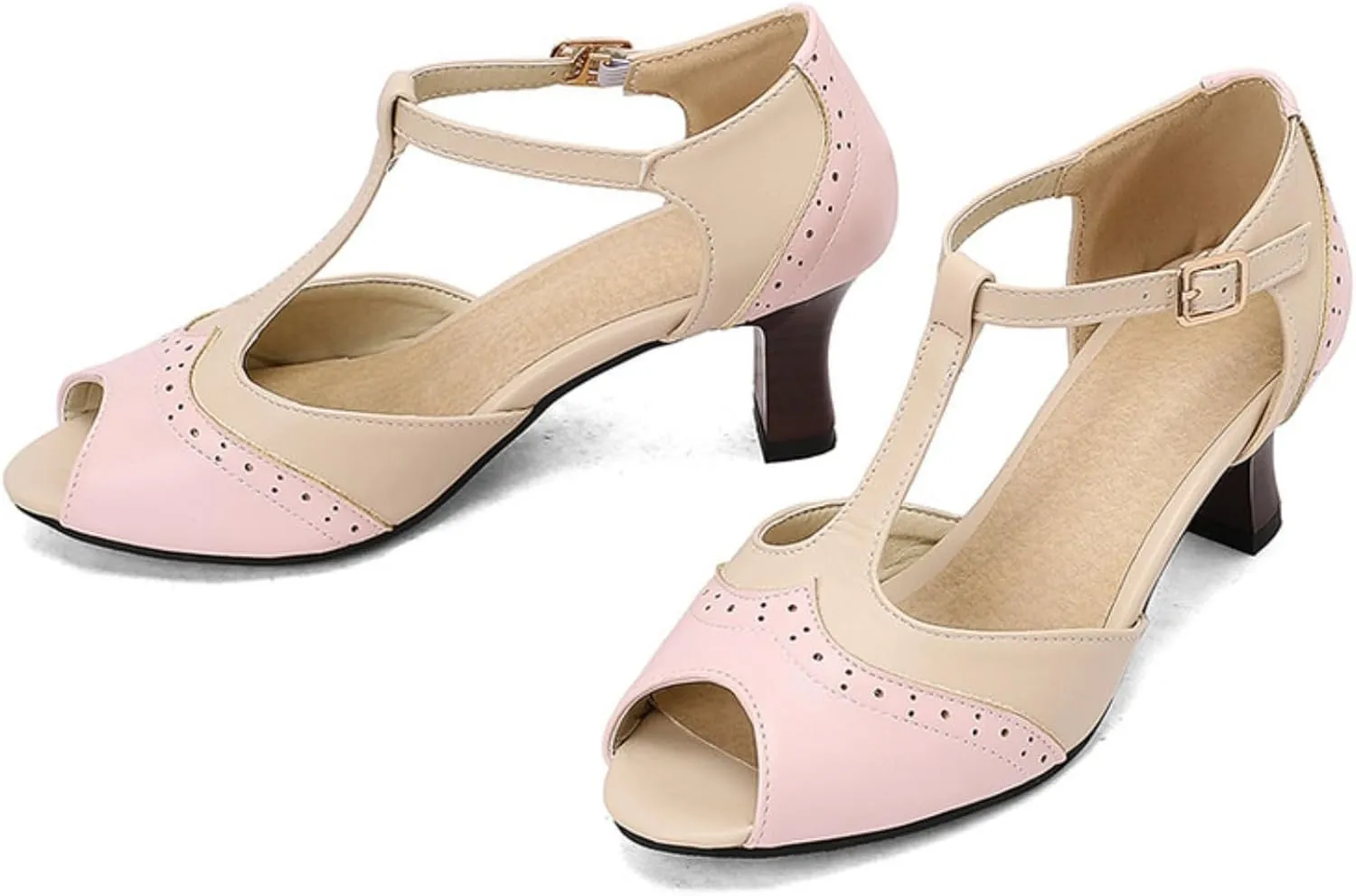 Women's Kitten Low Chunky Heel Open Peep Toe Sandals Vintage T Strap Adjustable Buckle Summer Patchwork Breathable Gladiator Roman Sandal Shoes