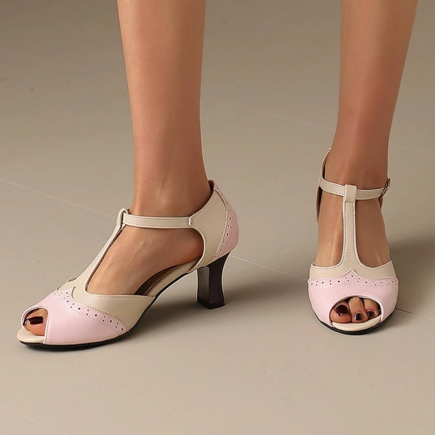 Women's Kitten Low Chunky Heel Open Peep Toe Sandals Vintage T Strap Adjustable Buckle Summer Patchwork Breathable Gladiator Roman Sandal Shoes