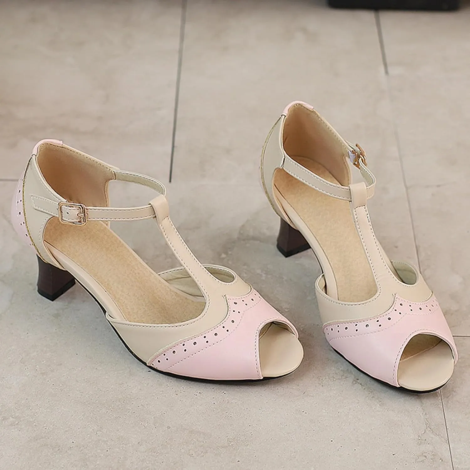 Women's Kitten Low Chunky Heel Open Peep Toe Sandals Vintage T Strap Adjustable Buckle Summer Patchwork Breathable Gladiator Roman Sandal Shoes