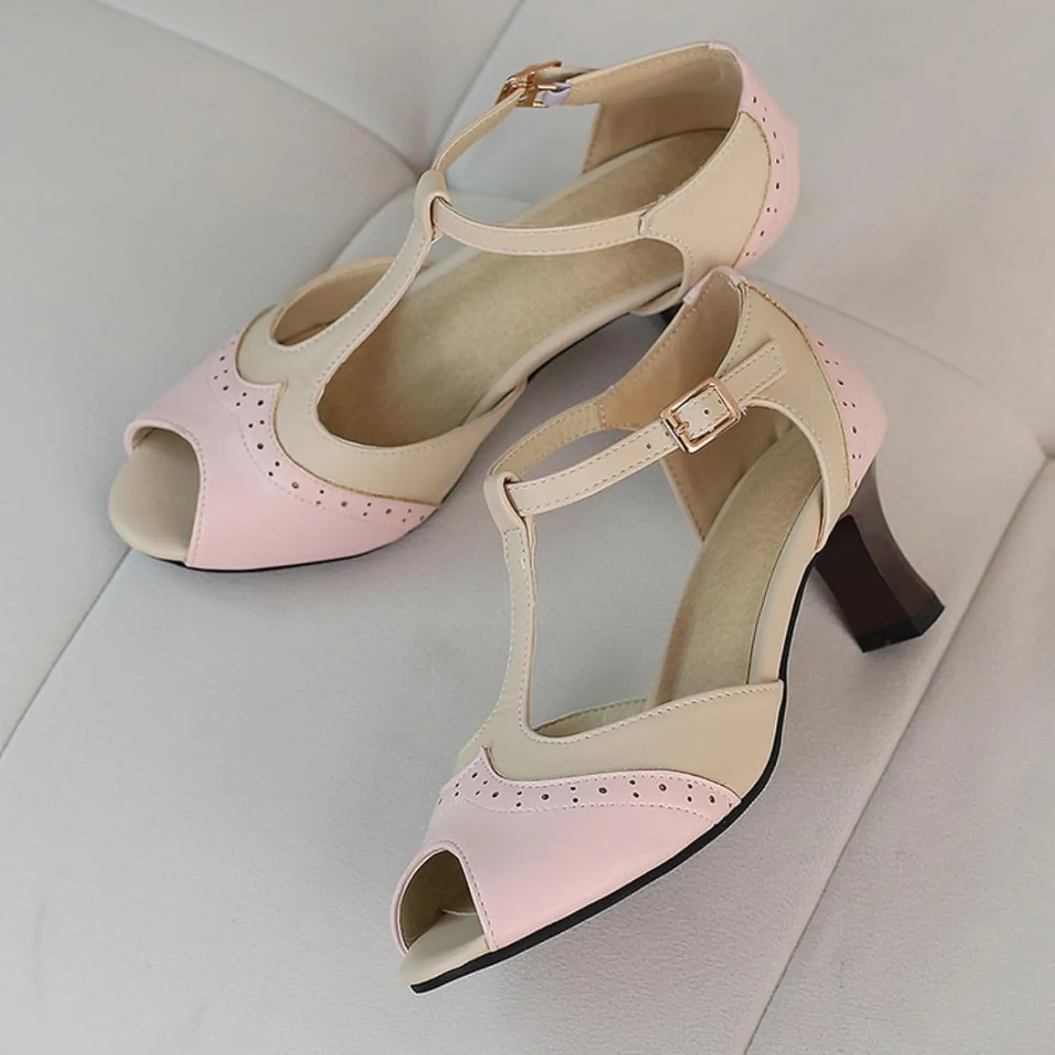 Women's Kitten Low Chunky Heel Open Peep Toe Sandals Vintage T Strap Adjustable Buckle Summer Patchwork Breathable Gladiator Roman Sandal Shoes